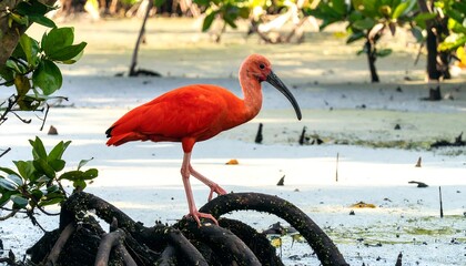 Scarlet ibis stands on exposed mangrove roots in a marshy wetland habitat