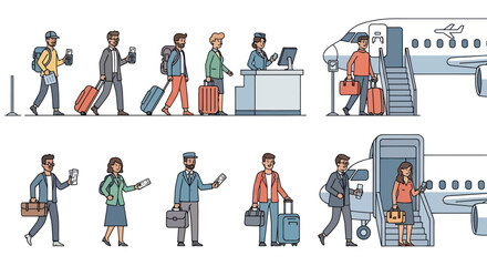 Diverse Group of Passengers at Airport Boarding and Disembarking Airplane.