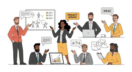 Diverse Business People Collaborating in Meeting Discussing Ideas and Project Updates.