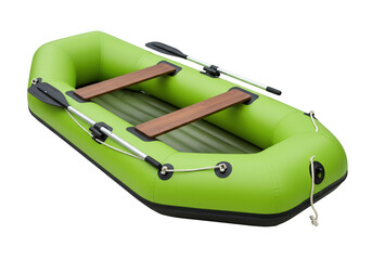 Green inflatable boat isolated on white, rubber dinghy with oars for fishing and recreation