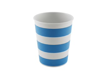 Striped paper cup isolated on white, blue and white disposable cup for drinks