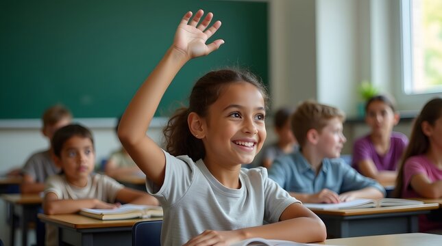 A joyful young girl of Middle-Eastern descent raises her hand in a classroom, eager to participate in the lesson.
