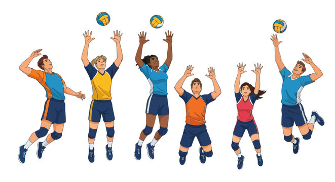 Group of Diverse Volleyball Players Jumping to Hit Balls in a Game.
