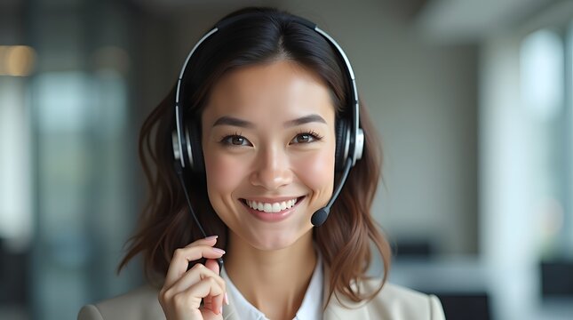 Smiling Asian woman with headset, embodying professionalism and approachability in a modern office setting.