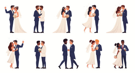 Diverse Wedding Couples Celebrating Love in Cartoon Style Illustrations.