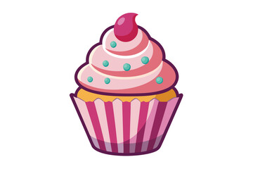 Isolated cupcake features pastel pink frosting, teal sprinkles, and a striped paper wrapper