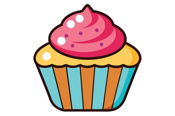 Cartoon cupcake features pink frosting and a blue striped paper cup is visually charming