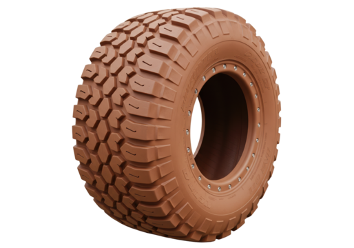 Brown off-road tire isolated on transparent background, mud terrain tread for 4x4 vehicles