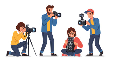 Diverse Group of Cartoon Photographers with Various Cameras.
