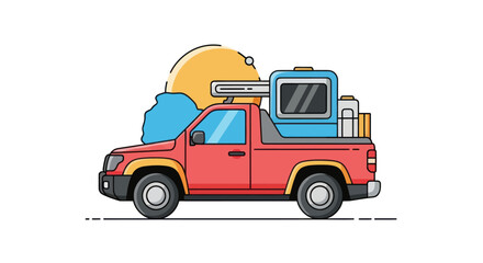 Red Pickup Truck Carrying Assorted Items in its Bed.