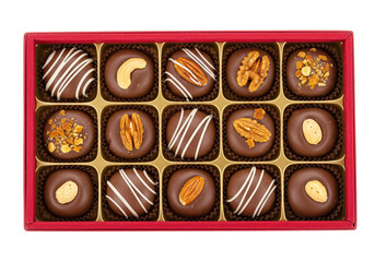 Assorted chocolate candies with nuts in a red box isolated on white, gourmet dessert