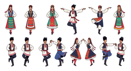 Group of People in Traditional Folk Costumes Dancing.