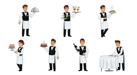 Collection of Waiters and Waitresses Holding Trays with Food and Drinks.