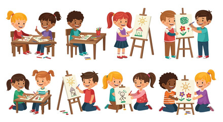 Diverse Group of Children Enjoying Art Activities Together.