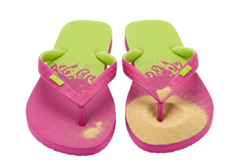 Pink and green flip flops with sand isolated on transparent background, summer footwear PNG