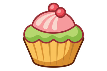 Delicious cupcake with pink frosting, green icing and a cheery red cherry sits sweetly
