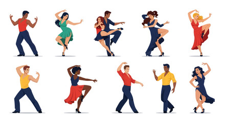 Diverse group of people in various dynamic dance poses showcasing different styles and attire.