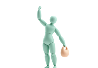 Mint green mannequin isolated on transparent background, holding a peach colored bag