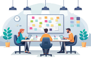 Team brainstorming session with sticky notes on whiteboard for business strategy and planning