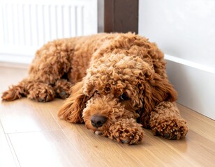 A fluffy dog resting on a light wood floor