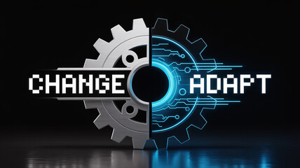 Embracing Adaptability: The fusion of a mechanical gear and digital circuitry symbolizes change and adaptation in a modern, high-tech landscape.