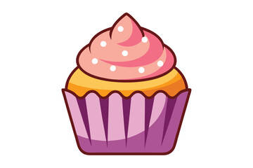 Cartoon cupcake with pink frosting and white sprinkles is isolated on white