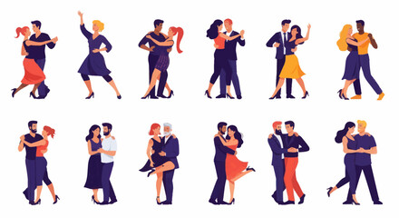 Diverse couples engaged in various styles of ballroom dancing depicted in a lively illustration.