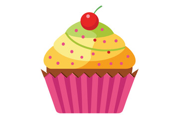 Colorful cupcake adorned with a red cherry sits prettily in a pink cup