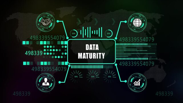 data maturity Graphics and Data Visualization Elements for Analytics and Strategy. Asymptotic smart data on world map background . 