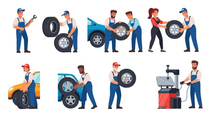 Diverse Group of Mechanics Working on Car Tires and Maintenance Equipment. © ahmad