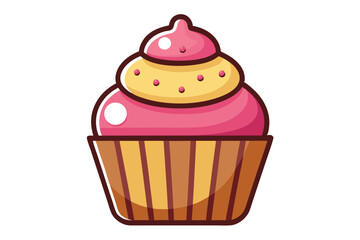Cartoon cupcake features pink frosting, yellow filling, and brown liner on a white background
