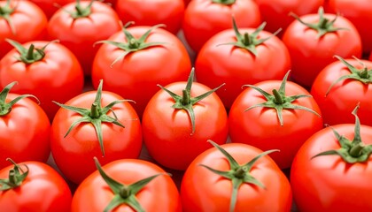 Uniformly arranged, ripe, red tomatoes are displayed with vibrant green stems, close-up