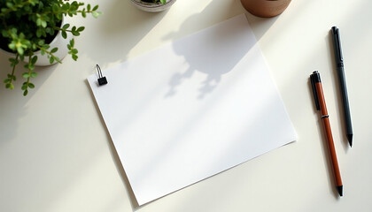 Minimalist Workspace with White Paper and Green Plant on Wooden Desk
