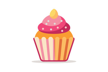 Isolated cupcake presents delicious pink frosting with white dots and a yellow topping