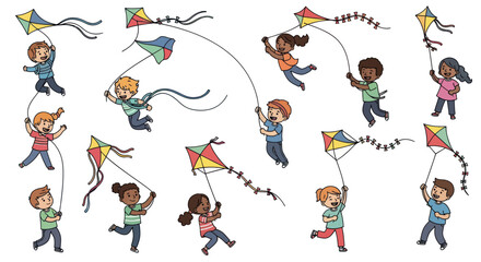 Children Flying Kites in Various Poses.