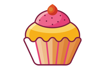 Cartoon cupcake with pink frosting, yellow cake, and cherry topping is centered