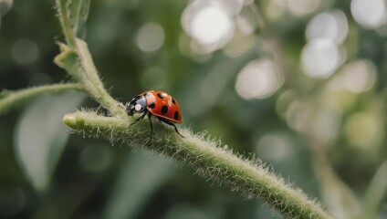 Obraz premium Ladybug on a stem, blurred background