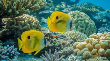 Naklejka premium Two yellow butterflyfish swimming near coral reef in the ocean with clear blue water background