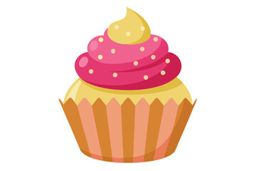 Decorated cupcake featuring pink frosting, yellow frosting, and dotted embellishments sits against a white backdrop