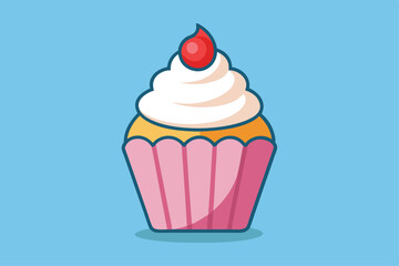 Yummy cupcake with white frosting and a red topping sits against a blue backdrop