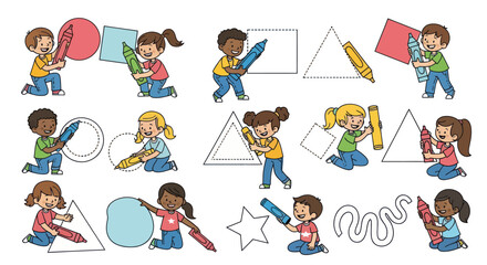 Children Drawing Shapes with Pencils Cartoon Style Illustration for Education and Learning.