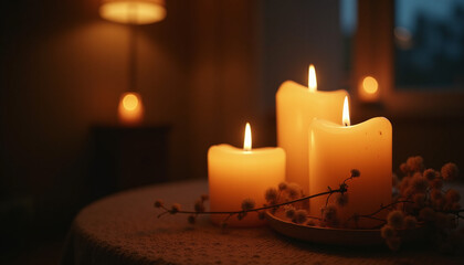 Cozy Indoor Scene with Three Lit Candles on Wooden Table