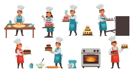 Diverse Pastry Chefs in Action Preparing Cakes and Pastries.