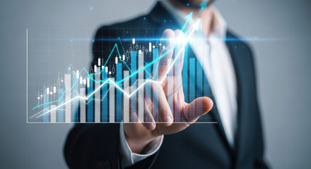 Businessman Touching Futuristic Financial Growth Chart Display.