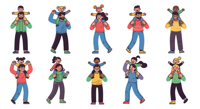 Diverse Adults Carrying Happy Children on Shoulders Flat Cartoon Illustration Set.