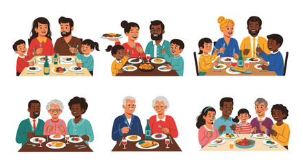 Diverse Families Gathered Around Tables for a Meal Sharing Food and Enjoying Each Others Company.