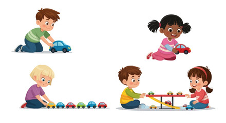 A diverse group of cartoon children boys and girls happily playing with colorful toy cars.