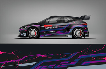 Racing Car Wrap Livery Design With Purple Black Pink Neon Lightning Style. Vector EPS Printable File