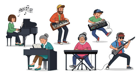 Diverse Cartoon Musicians Playing Various Musical Instruments.