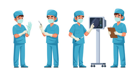 Medical Professionals in Scrubs and Masks with Equipment.